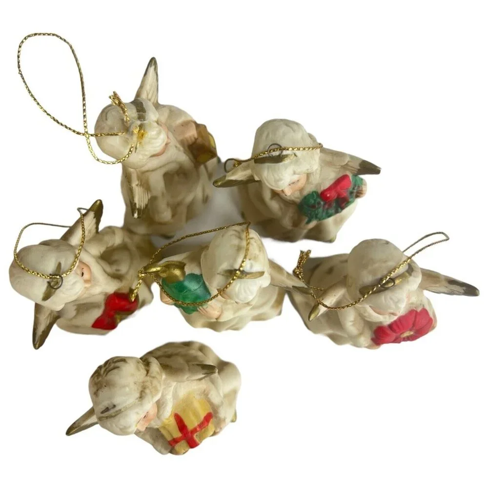 6 Homco Angel Tree Ornaments Complete Set Bisque Porcelain Made in‎ Taiwan VTG